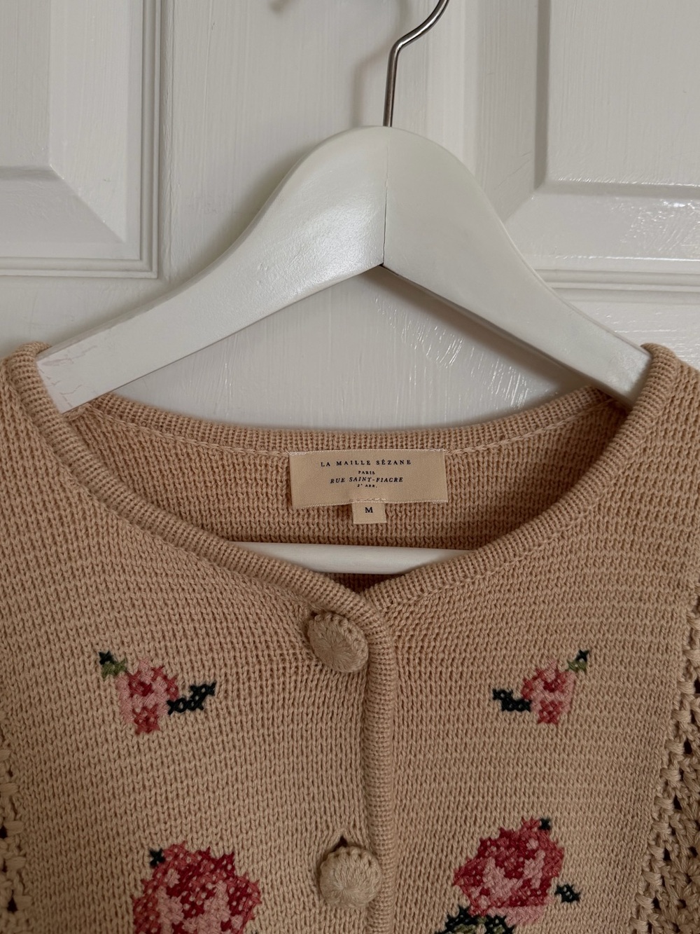 Sezane Cream Floral Knit Button-Front Women's Sweater - Picture 13 of 14